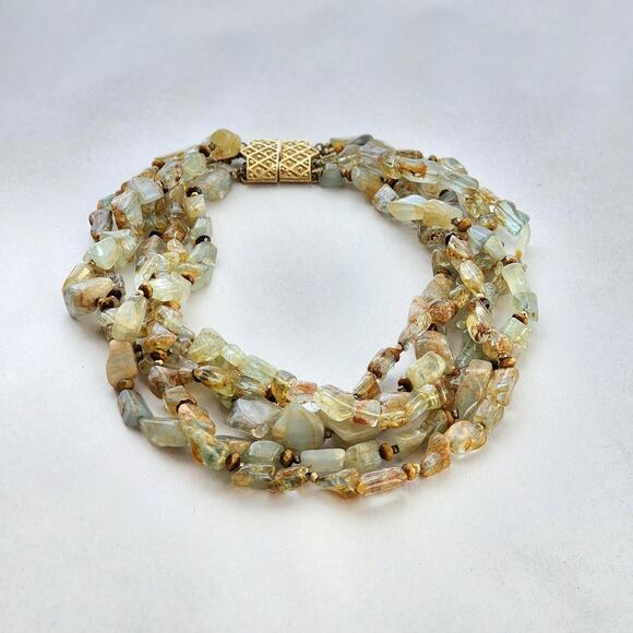 CINER Semiprecious 5 Strand Natural Aquamarine Stone, Tiger Eye Statement Choker - Picture 2 of 12